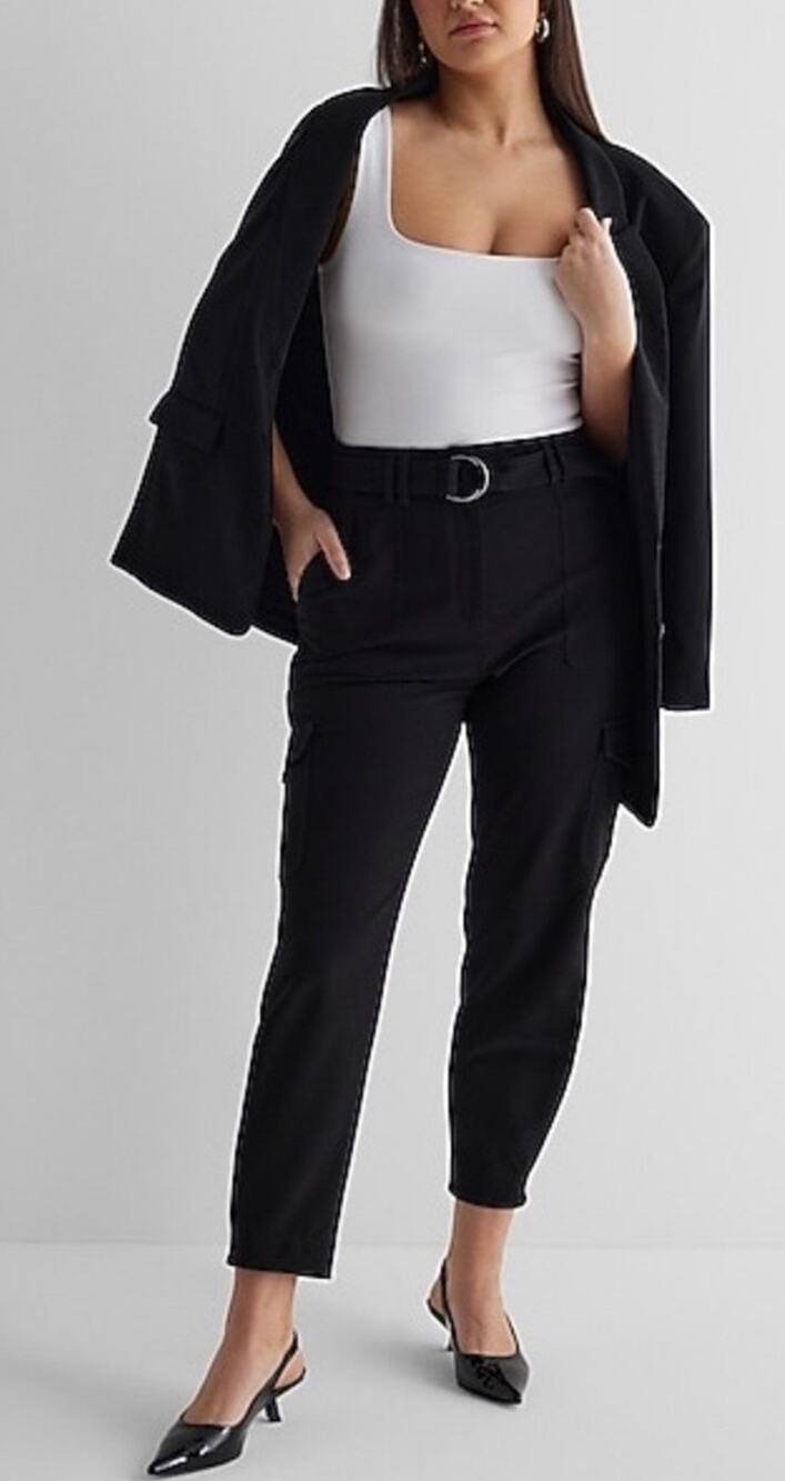 Express Super High Rise Cargo Trousers Black Belted Tapered Ankle Pants Size 4